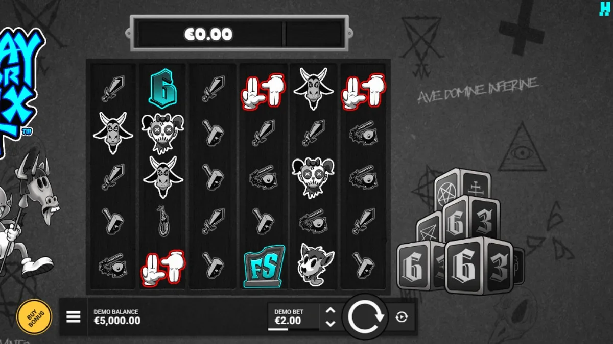 Cena de jogo do slot Pray for Six com estilo artístico monocromático e elementos de desenho animado dos anos 40.