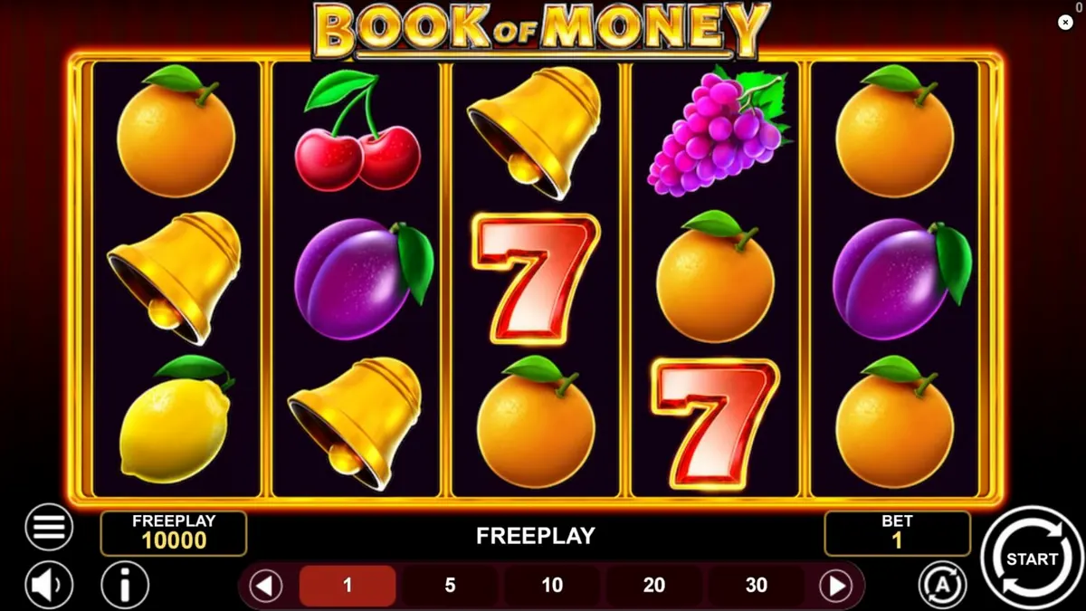 Interface do jogo Book of Money com símbolos de frutas e livros antigos