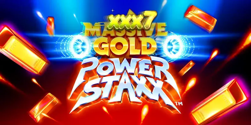 Interface futurista e dourada do jogo Massive Gold Power Staxx com elementos espaciais.